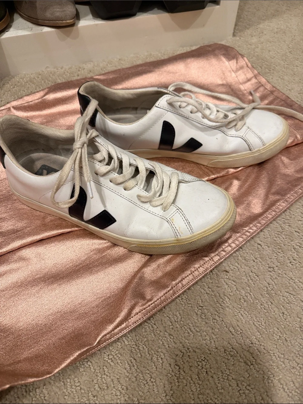 Veja White Leather Sneakers with Black V Accent